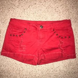 Red Studded and Ripped Shorts